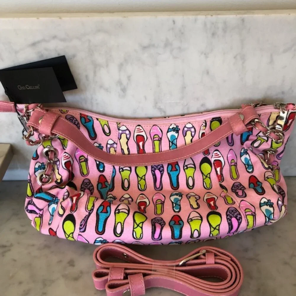 GIO CELLINI Bead Sequin Pink Canvas Shoe Print Hobo Shoulder Bag/Purse